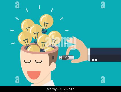 Uomo d'affari mano che tiene usb flash drive per collegare altri uomini d'affari testa. Illustrazione vettoriale del concetto di idea aziendale Illustrazione Vettoriale