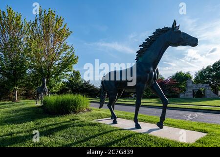 Statua a cavallo in un parco in una giornata di sole sotto il bel cielo Foto Stock