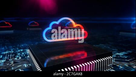 Simbolo del cloud computing digitale. Tecnologia informatica, archiviazione dati Internet, database e concetto di server mobile. Icona 3D futuristica che sorvola il computer b Foto Stock