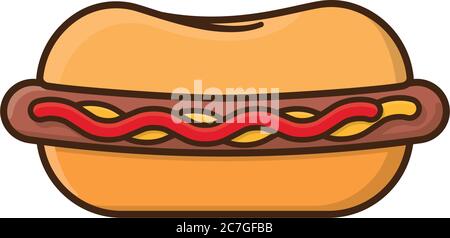 Hot Dog con ketchup e maionese o mostarda isolato vettore illustrazione per Hot Dog Day il 22 luglio. Simbolo fast food. Illustrazione Vettoriale
