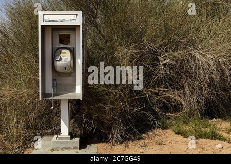 Cabina telefonica di fronte a un cespuglio asciutto catturato Emirati Arabi Uniti Foto Stock