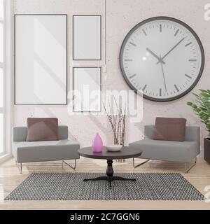 Sfondo interno del soggiorno, stile scandinavo, rendering 3D, illustrazione 3D Foto Stock