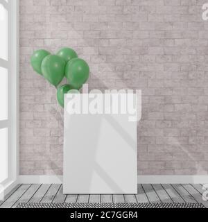 Tela con alcuni palloncini in una stanza di luce naturale. Mockup di rendering 3D. Illustrazione 3d.concetto di parte Foto Stock