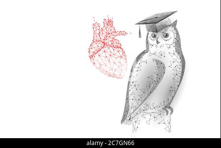 OWL simbolo e-learning medicina a distanza cardio laureato certificato concetto di programma. Cappuccio graduato di rendering 3D sul vettore modello banner cardiaco Illustrazione Vettoriale