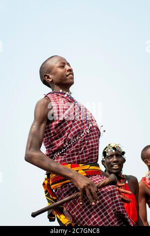 Uomo Maasai sorridente indossando abbigliamento tradizionale, partecipando alla danza tradizionale di Adumu, o Danza saltante, nella Riserva Nazionale di Maasai Mara. Kenya. Foto Stock