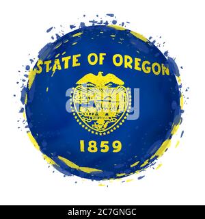 Bandiera rotonda dello stato americano dell'Oregon con schizzi di colore flag. Illustrazione vettoriale. Illustrazione Vettoriale