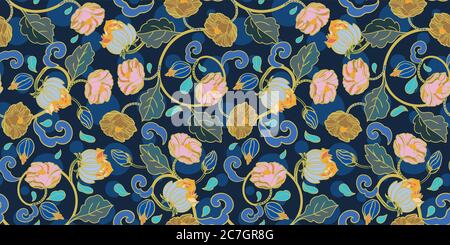 Vector Royal barocco intarsia stile motivo floreale, design senza cuciture con fiori storici disegnati a mano su sfondo blu scuro. Natura sfondo. Disegno di ripetizione di superficie. Illustrazione Vettoriale