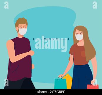 attività di allontanamento sociale, coppia che fa attività, mantenere la distanza nella società pubblica per proteggere dal convivio 19 Illustrazione Vettoriale