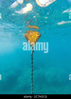 Drifter (dispositivo galleggiante), boa gialla vista dall'interno dell'acqua nel mediterraneo, Catalogna, Spagna. Attività estive Foto Stock