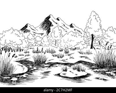 Bog Swamp grafico bianco nero disegno grafico di disegno paesaggio vettore Illustrazione Vettoriale