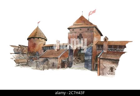 Acquerello medievale Trakai castello in Lituania, cortile interno vista illustrazione, isolato su sfondo bianco Foto Stock