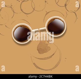 Due tazze di caffè sembrano un paio di occhiali da sole su una faccia fatta di anelli di caffè da caffè versato. Foto Stock