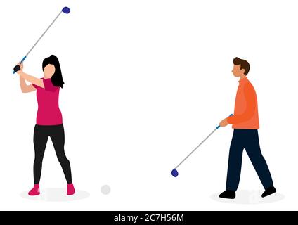 Un uomo e una donna che gioca il golf felicemente. Foto Stock