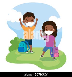 carino studenti afro indossare maschera medica per prevenire coronavirus covid 19 con borsa scuola all'aperto Illustrazione Vettoriale