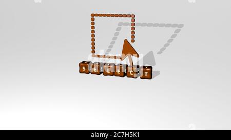Rappresentazione 3D di SELECT con icona sulla parete e testo disposto da lettere cubiche metalliche su un pavimento a specchio per significato concettuale e presentazione presentazione presentazione. Sfondo e illustrazione Foto Stock
