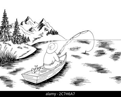 Pescatore in una barca grafica bianco nero disegno grafico paesaggio vettore illustrazione Illustrazione Vettoriale