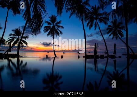 Spiaggia di palme, piscina, tramonto, Shangri-la Villingili Resort & Spa, Villingili, Maldive, Oceano Indiano Foto Stock