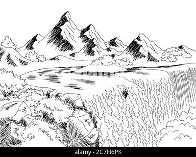 Cascata montagna fiume grafico bianco nero disegno grafico paesaggio vettore illustrazione Illustrazione Vettoriale