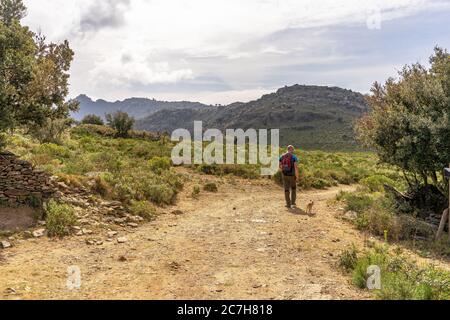 Europa, Spagna, Catalogna, Girona, Alt Empordà, Port de la Selva, escursionisti sul pianoro arido Serra de Rodes Foto Stock