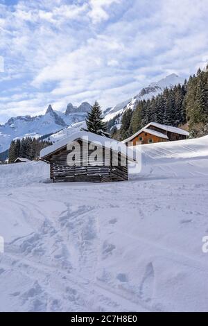 Europa, Austria, Vorarlberg, Montafon, Rätikon, Gauertal, Heustadl nel paesaggio innevato invernale sullo sfondo delle tre torri Foto Stock