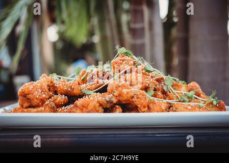 Primo piano vista laterale delle ali di pollo cotte su a. piatto bianco Foto Stock