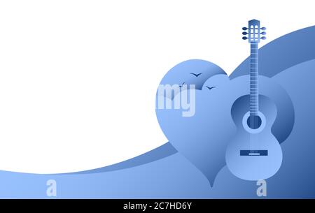 Chitarra acustica su sfondo di un cuore con una nuvola e uccelli. Illustrazione Vettoriale
