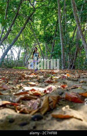 America, Caraibi, Greater Antilles, Repubblica Dominicana, Cabarete, donna cammina attraverso una foresta ombreggiata vicino alla spiaggia verso il natura Cabana Boutique Hotel & Spa Foto Stock