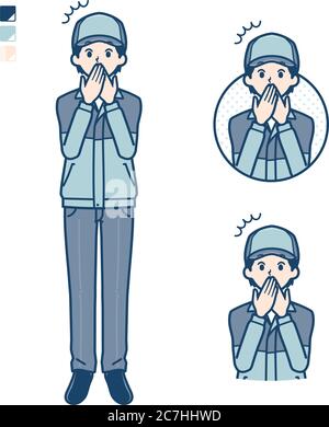 Un uomo che indossa un abbigliamento da lavoro con immagini stupite. È arte vettoriale, quindi è facile da modificare. Illustrazione Vettoriale