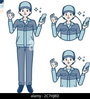Un uomo che indossa un abbigliamento da lavoro con tenere uno smartphone e fare un OK segno immagini. È arte vettoriale, quindi è facile da modificare. Illustrazione Vettoriale