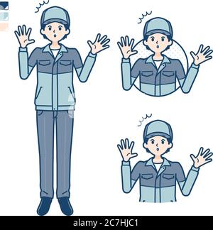 Un uomo che indossa un abbigliamento da lavoro con immagini stupite. È arte vettoriale, quindi è facile da modificare. Illustrazione Vettoriale