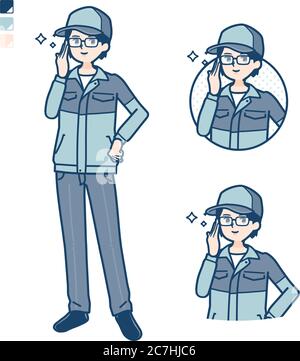 Un uomo che indossa un abbigliamento da lavoro con immagini di occhiali. È arte vettoriale, quindi è facile da modificare. Illustrazione Vettoriale