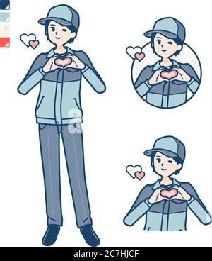 Un uomo che indossa un abbigliamento da lavoro con la creazione di un simbolo del cuore con immagini a mano. È arte vettoriale, quindi è facile da modificare. Illustrazione Vettoriale