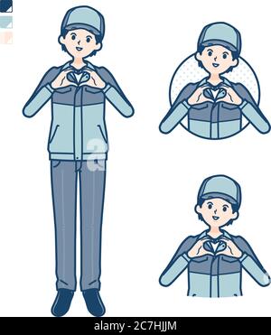 Un uomo che indossa un abbigliamento da lavoro con la creazione di un simbolo del cuore con immagini a mano. È arte vettoriale, quindi è facile da modificare. Illustrazione Vettoriale