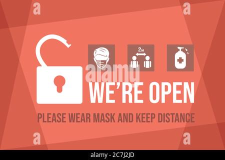 Siamo aperti dopo Coronavirus focolaio vettore flat modello banner. Bentornato dopo la pandemia, indossa maschere e mantieni una distanza sociale sicura. Covid-19 misure di sicurezza per le imprese. Illustrazione Vettoriale