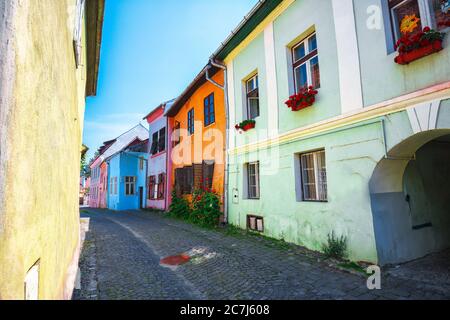 Famose strade lastricate in pietra con case colorate nella città medievale-fortezza Sighishoara, Transilvania, Romania, Europa Foto Stock