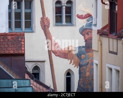 Regensburg, città vecchia con il murale Goliathhaus, Baviera, Germania Foto Stock