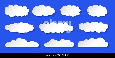 Cloud Set, stile white paper. Diverse nuvole di cumuli con ombre e volume. Elementi di design forma cielo nuvoloso. Banner chat vuoto app e cartoni animati sito web raccolta. Illustrazione vettoriale isolata Illustrazione Vettoriale