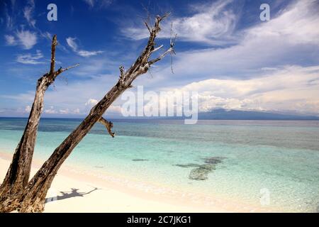 Sabbia nella famosa spiaggia dell'isola di Mangtigue, coltivare alghe è una delle principali attività economiche dell'isola, Foto Stock