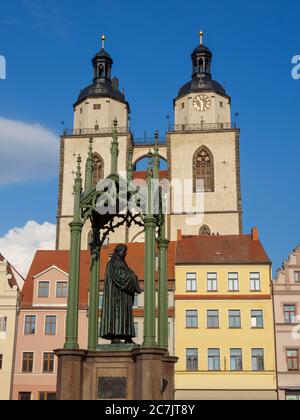 Mercato, chiesa cittadina, monumento Lutero, Lutherstadt Wittenberg, patrimonio mondiale dell'UNESCO, Sassonia-Anhalt, Germania Foto Stock