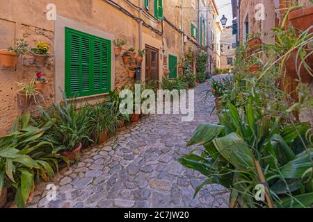 Città vecchia, vicolo, vasi di fiori, muraglia, Valldemossa, isola di Maiorca, Foto Stock