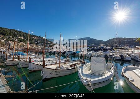 Barche da pesca nel porto di Port de Sóller, a luce posteriore, isola di Maiorca, Foto Stock