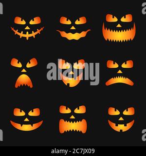Set di icone di silhouette di volti di zucca per Halloween isolato su sfondo nero. Spaventoso sorriso diavolo di zucca, o lantere di jack spooky. Illustrazione vettoriale Illustrazione Vettoriale