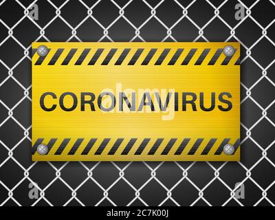 Coronavirus segno sullo sfondo del recinto filo. Illustrazione vettoriale. Foto Stock