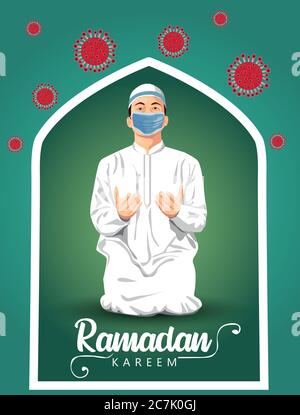 Culto islamico Ramadan. Preghiera. Culto musulmano indossare maschera impedisce coronavirus o COVID-19. Vettore di illustrazione, modello eid mubarak Illustrazione Vettoriale