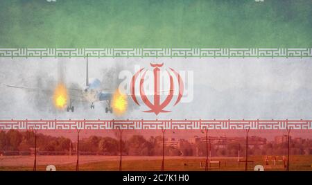 Due motori in caso di emergenza antincendio con bandiera iraniana in background Foto Stock