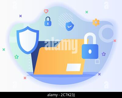 File protezione dati cartella concettuale lucchetto shield ingranaggio set icone con stile piatto. Illustrazione Vettoriale