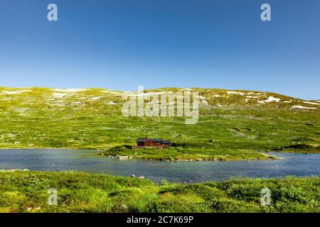 Capanna di tronchi sulla riva di un lago vicino a Skjåk, Norvegia Foto Stock