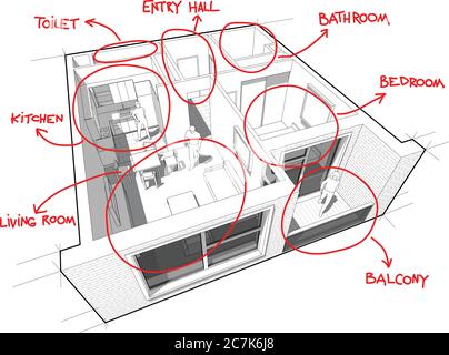 Schema prospettico in sezione di un appartamento con 1 camera da letto, completamente arredato con definizioni di camera disegnate a mano in rosso Illustrazione Vettoriale