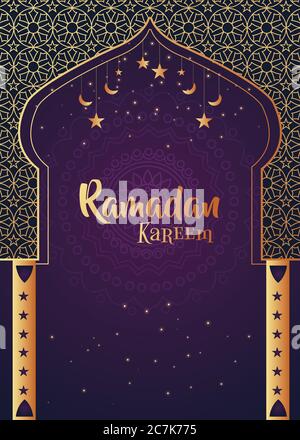 Crescent Islamic con Lanterna a chiodatura per Ramadan Kareem e eid mubarak. Motivo della Luna di mezzo dorato,illustrazione background.Vector Illustrazione Vettoriale