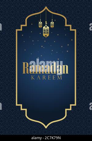 Crescent Islamic con Lanterna a chiodatura per Ramadan Kareem e eid mubarak. Motivo della Luna di mezzo dorato,illustrazione background.Vector Illustrazione Vettoriale